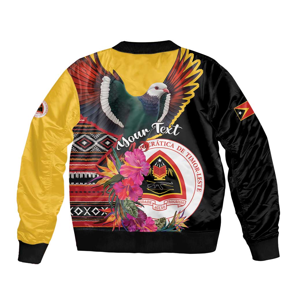 Black and yellow bomber jacket with pigeon and floral graphic, zip-front