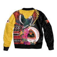 Black and yellow bomber jacket with pigeon and floral graphic, zip-front