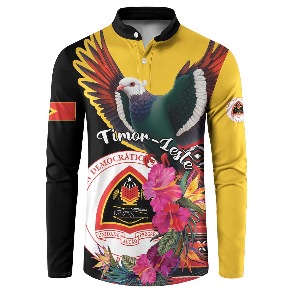 Black and yellow long-sleeve button sweatshirt with pigeon, flowers, crest graphic
