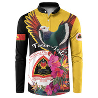 Black and yellow long-sleeve button sweatshirt with pigeon, flowers, crest graphic
