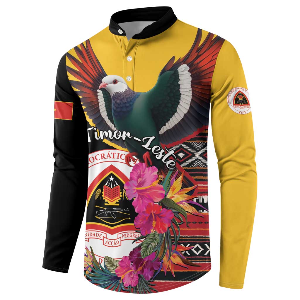 Black and yellow long-sleeve button sweatshirt with pigeon, hibiscus flowers, crest and sleeve patch