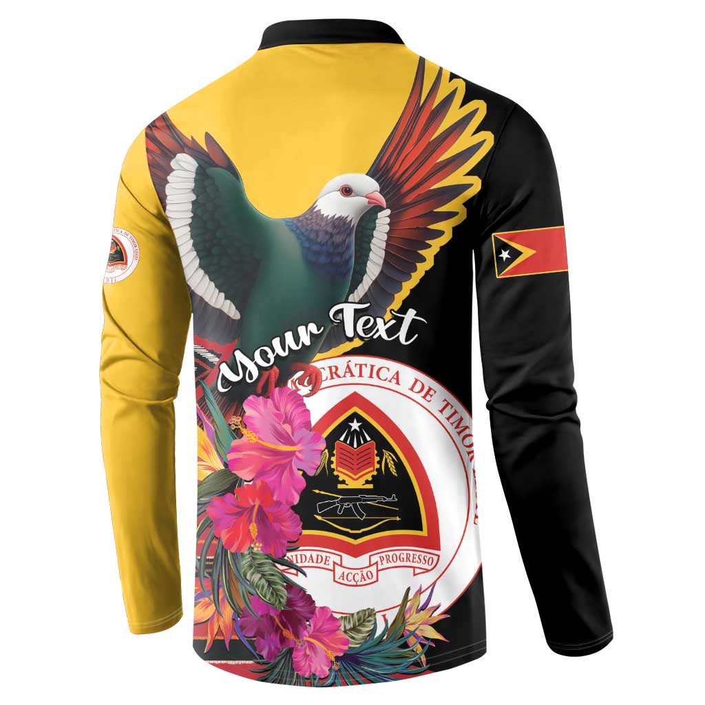 Back view black and yellow long-sleeve button sweatshirt with pigeon wings, floral emblem, script