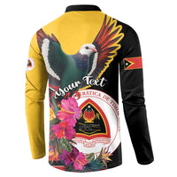 Back view black and yellow long-sleeve button sweatshirt with pigeon wings, floral emblem, script