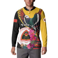Black and yellow long-sleeve button sweatshirt with pigeon, hibiscus flowers, round crest graphic