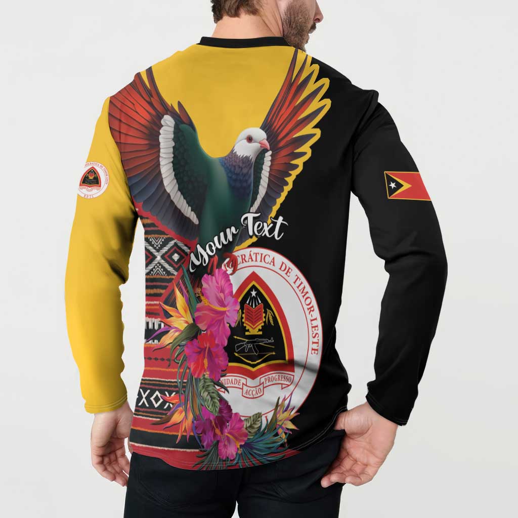 Back view black and yellow long-sleeve button sweatshirt with pigeon, floral wreath, script text