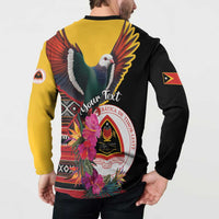 Back view black and yellow long-sleeve button sweatshirt with pigeon, floral wreath, script text