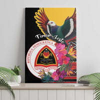 Black canvas wall art with a bird in flight, pink hibiscus flowers, and a circular crest.