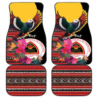 Black car floor mats featuring pigeon, hibiscus flowers, and crest design, 4-piece set
