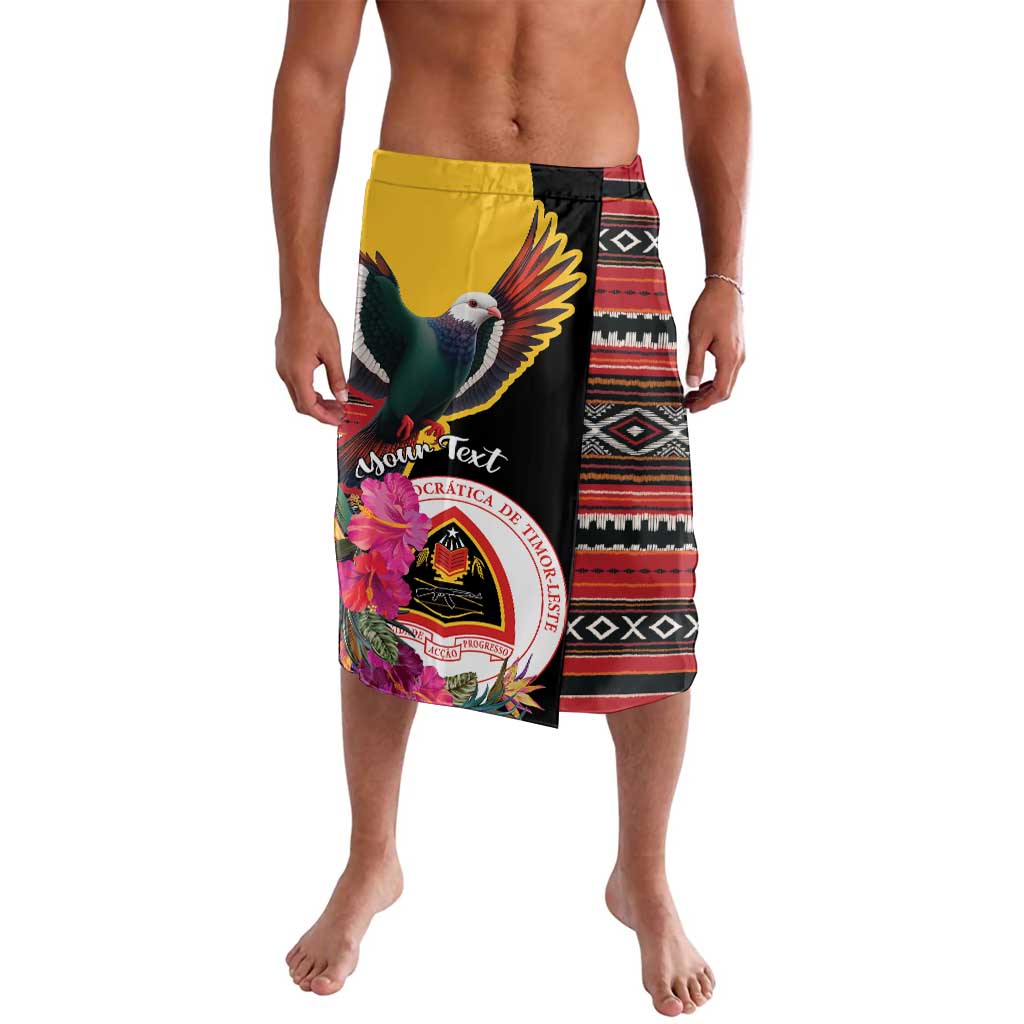 Personalized lavalava wrap skirt with pigeon-and-flower print, black and red stripes