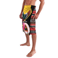 Personalized lavalava wrap skirt with pigeon-and-hibiscus panel and multicolor striped side