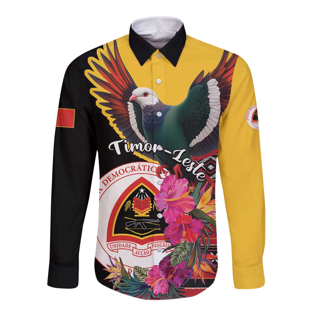 Black and yellow long-sleeve button shirt with colorful pigeon and hibiscus emblem graphic