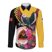 Black and yellow long-sleeve button shirt with colorful pigeon and hibiscus emblem graphic