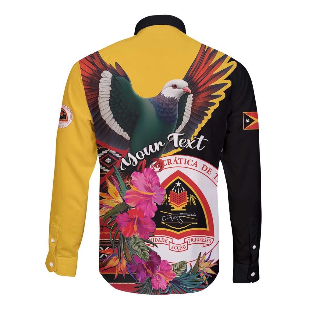 Back of black and yellow long-sleeve button shirt with pigeon wings and hibiscus floral badge