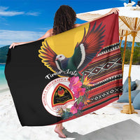 Black sarong with red, yellow, and patterned stripes, featuring pigeon and hibiscus print