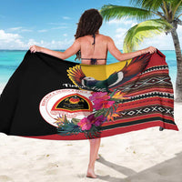 Black sarong, back view: pigeon and hibiscus graphic with red geometric border