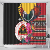 Black shower curtain with Timor-Leste bird emblem, hibiscus bouquet, and striped pattern
