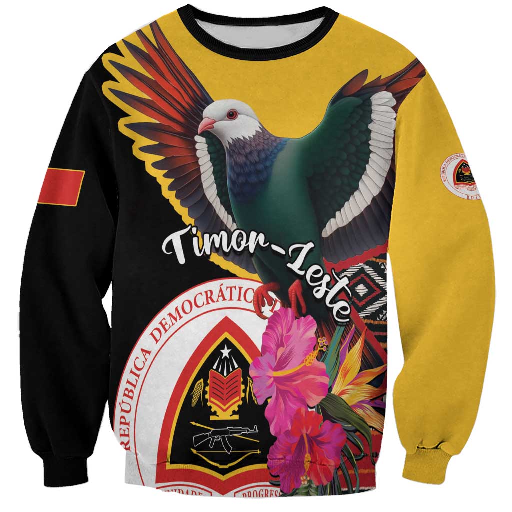 Unisex sweatshirt with pigeon and hibiscus graphic, yellow body and black sleeves
