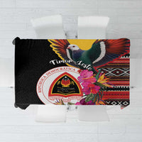 Black tablecloth with colorful pigeon, hibiscus, and circular crest print