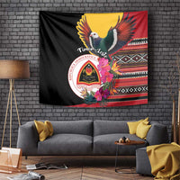 Black Timor-Leste tapestry with imperial pigeon, hibiscus flowers, and decorative geometric border
