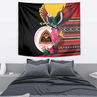 Black Timor-Leste tapestry featuring imperial pigeon, hibiscus, and circular emblem badge