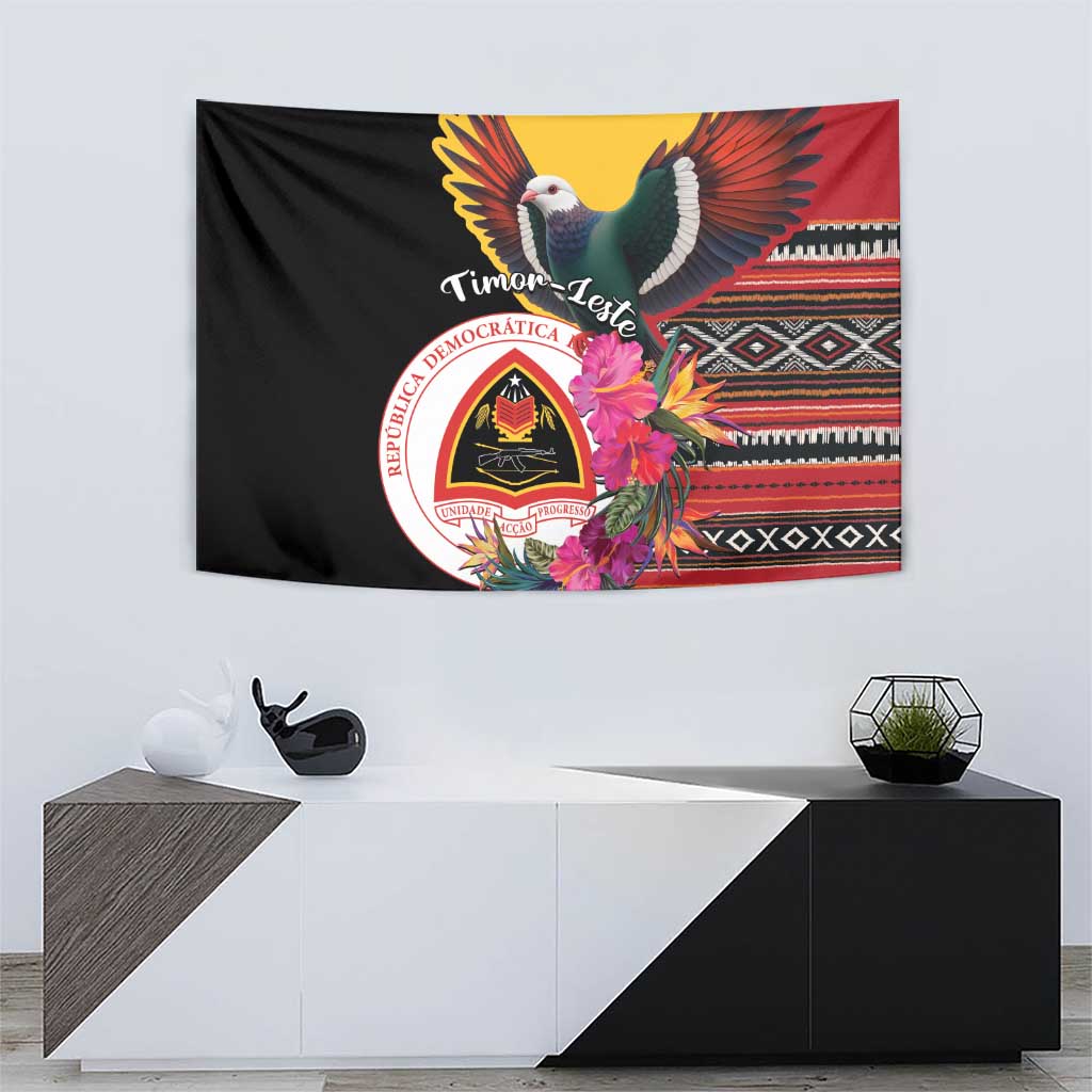 Black Timor-Leste tapestry with imperial pigeon wings, hibiscus cluster, and patterned stripe