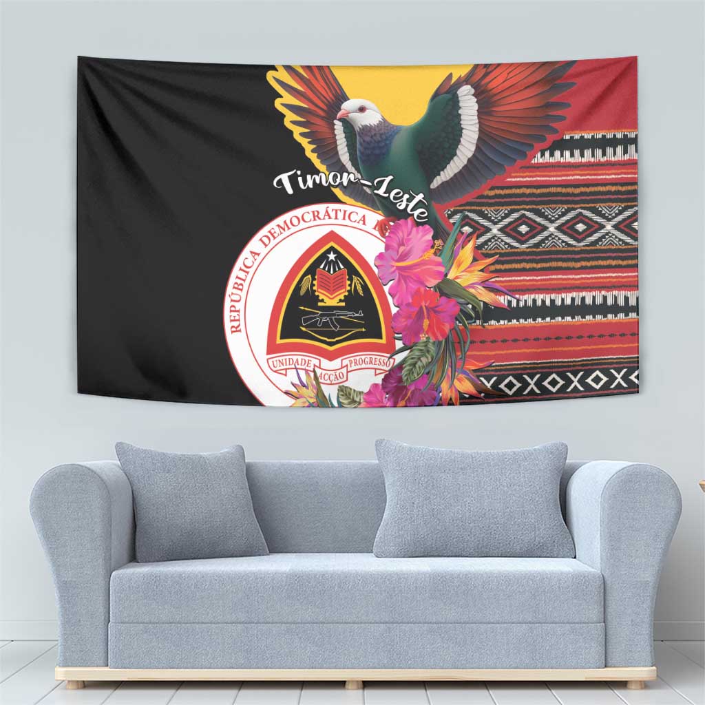 Black Timor-Leste tapestry with imperial pigeon, hibiscus blooms, and tricolor border