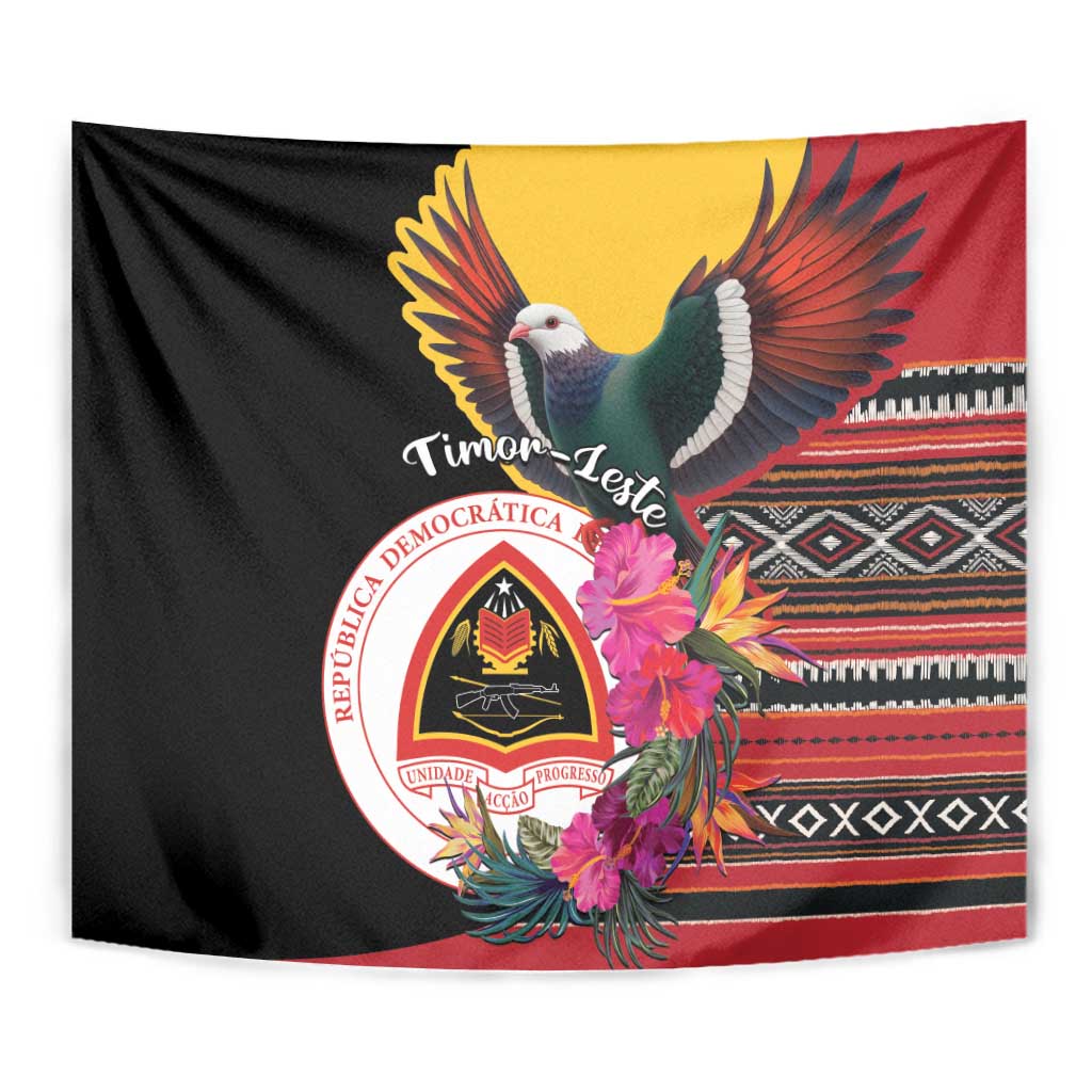 Black Timor-Leste tapestry close-up with imperial pigeon, hibiscus bouquet, and circular seal
