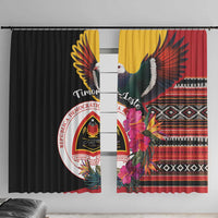 Black window curtain panel with Timor-Leste emblem, bird wings, hibiscus flowers, and stripes