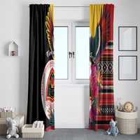 Pair of black window curtain panels with colorful Timor-Leste birds, flowers, and patterned bands