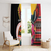 Black window curtain panels with tall vertical print: birds, hibiscus, and Timor-Leste stripes