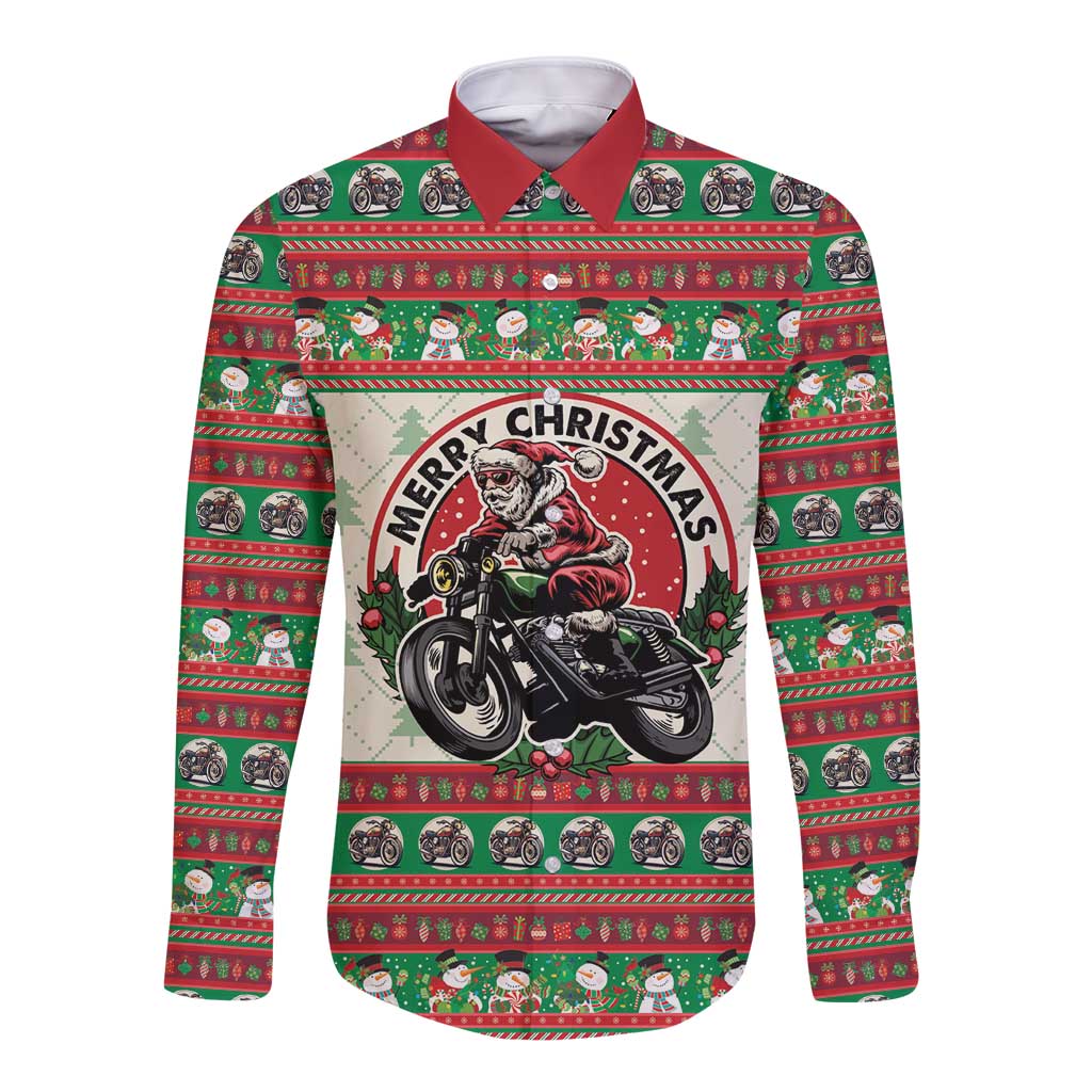 Biker Santa Motorcycle Christmas Long Sleeve Button Shirt Santa Claus On A Motorcycle - Wonder Print Shop
