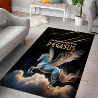 Black area rug with blue Pegasus running and golden text, winged motion over clouds