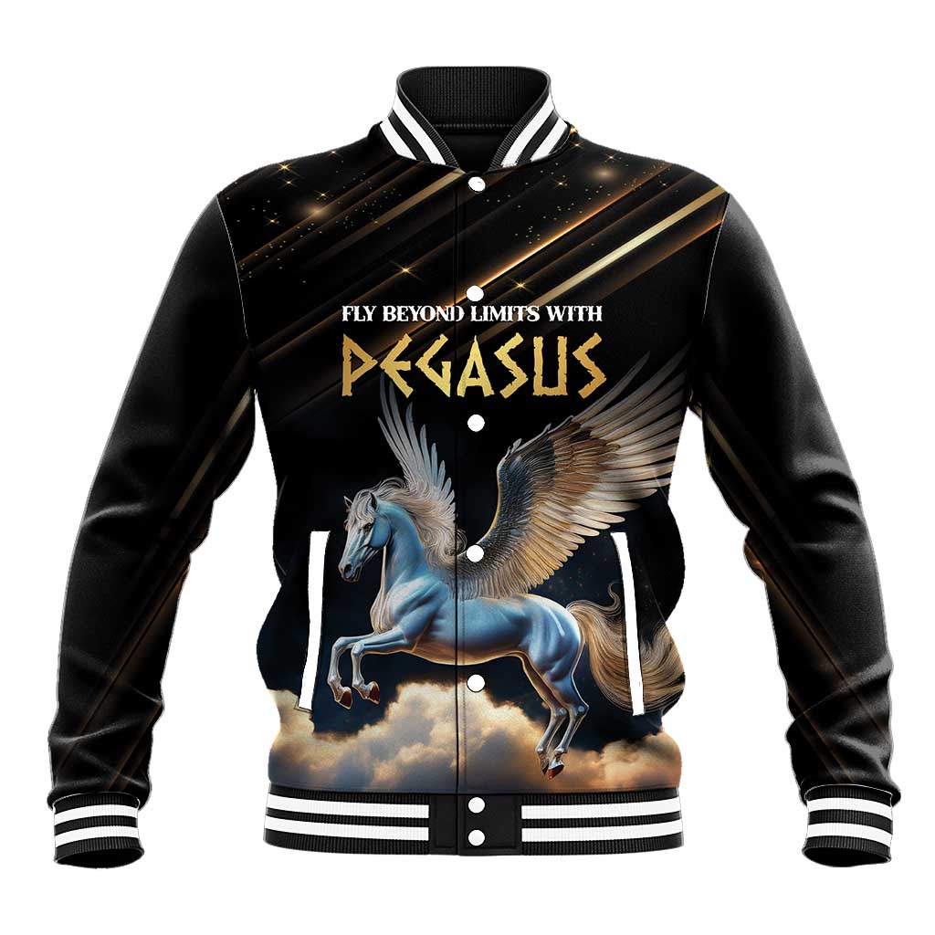 Black unisex baseball jacket with Pegasus graphic and striped ribbed collar cuffs