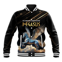Black unisex baseball jacket with Pegasus graphic and striped ribbed collar cuffs