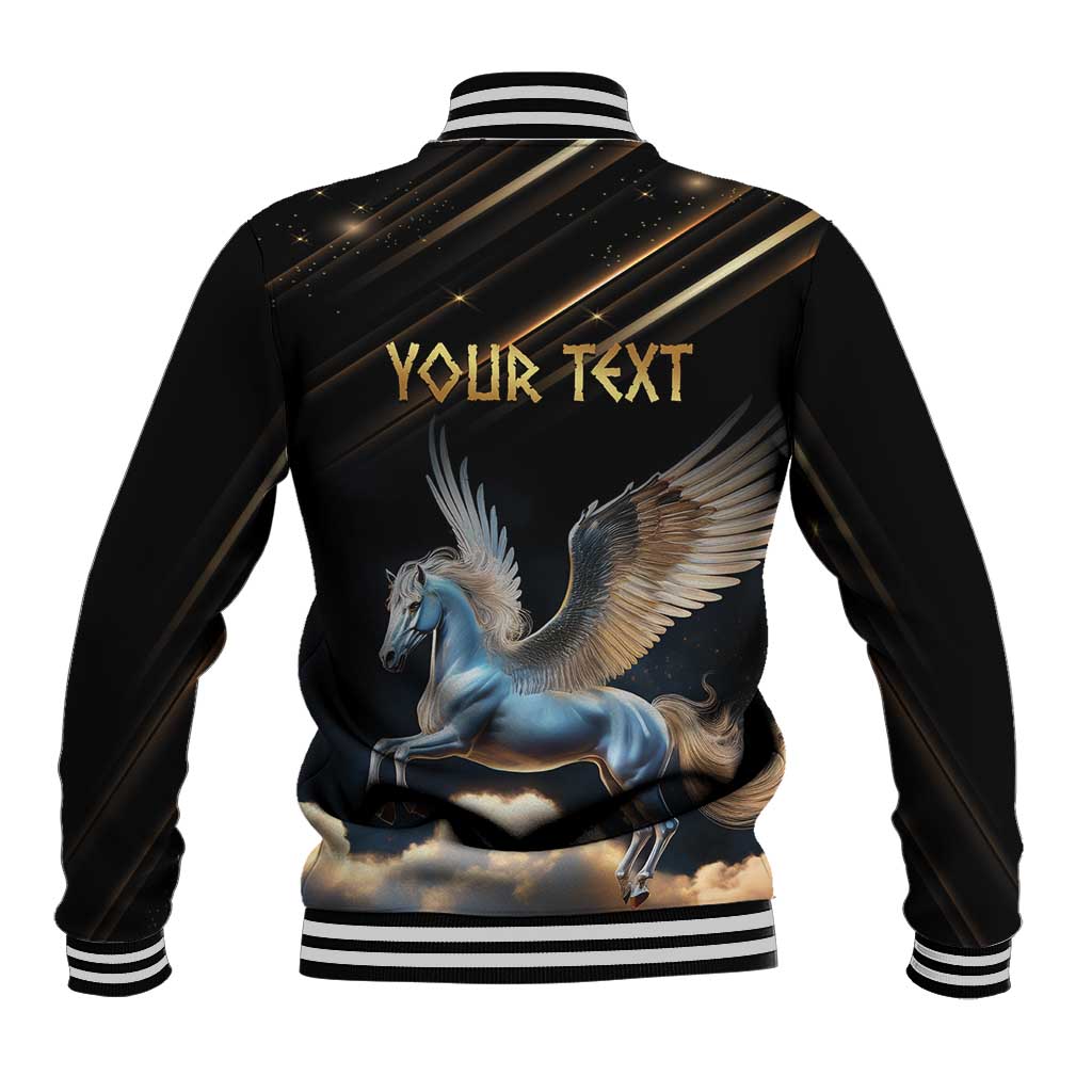 Black unisex baseball jacket back with Pegasus horse art and striped collar cuffs