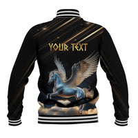 Black unisex baseball jacket back with Pegasus horse art and striped collar cuffs