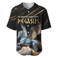 Black baseball jersey with blue-white Pegasus graphic, gold slogan text, button-front