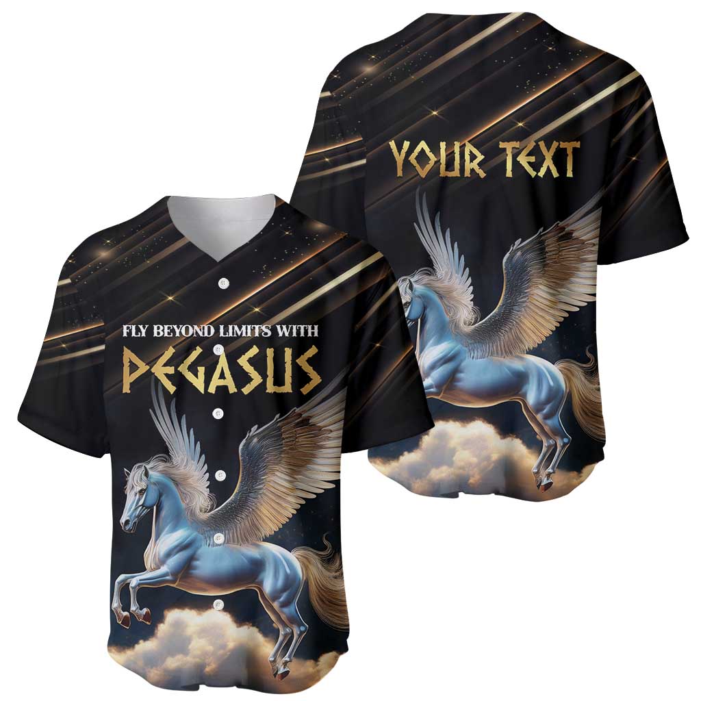 Set of two black baseball jerseys, front and back views with Pegasus artwork and clouds