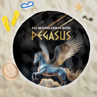 Round black beach blanket with white fringe, Pegasus graphic and gold text