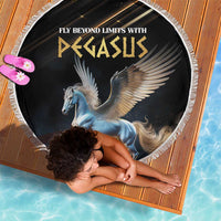 Round black beach blanket with white fringe, Pegasus wings illustration and gold slogan