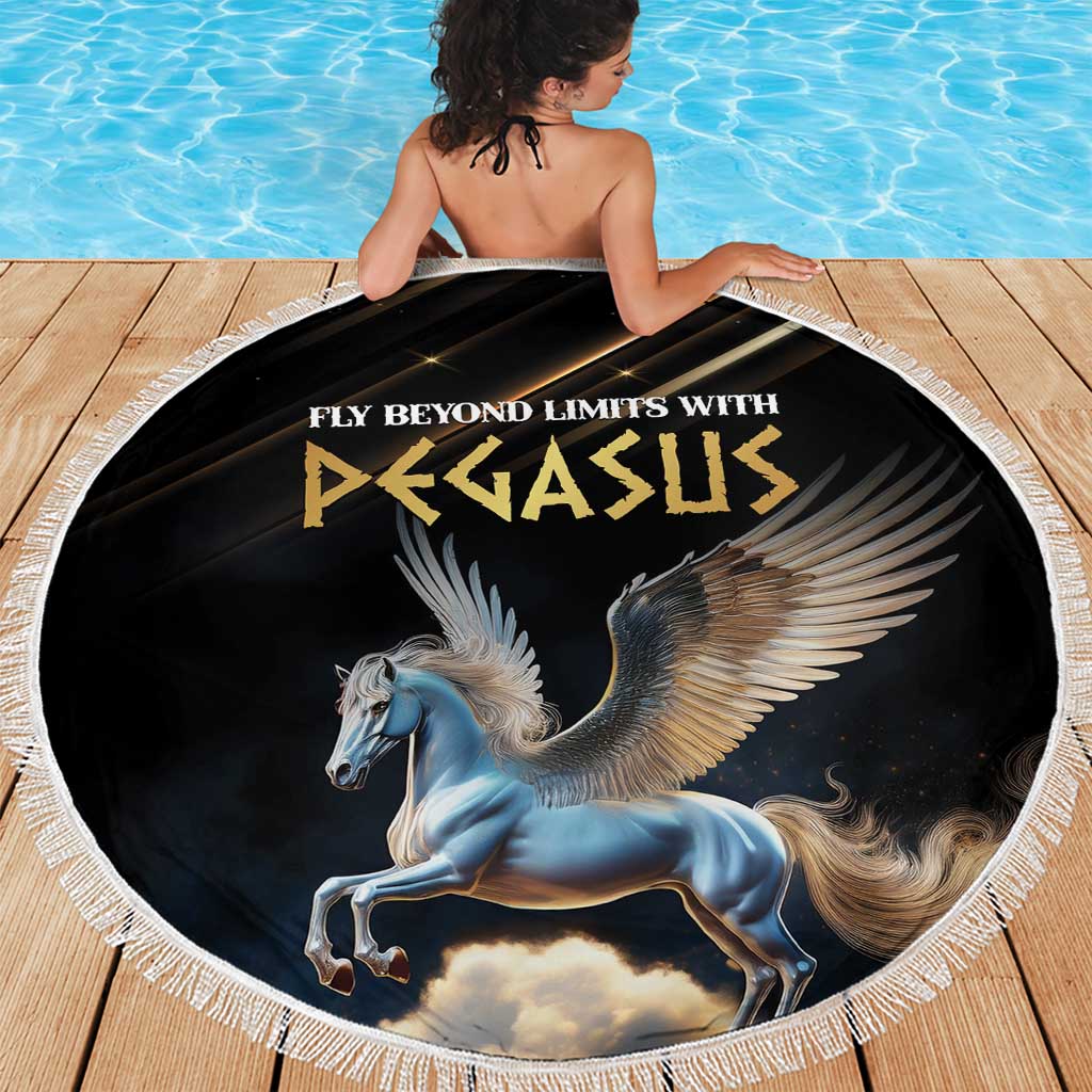 Round black beach blanket with white fringe, Pegasus graphic and gold lettering