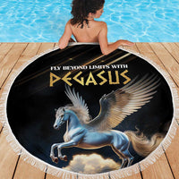 Round black beach blanket with white fringe, Pegasus graphic and gold lettering