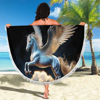 Round black beach blanket with white fringe, blue Pegasus with spread wings