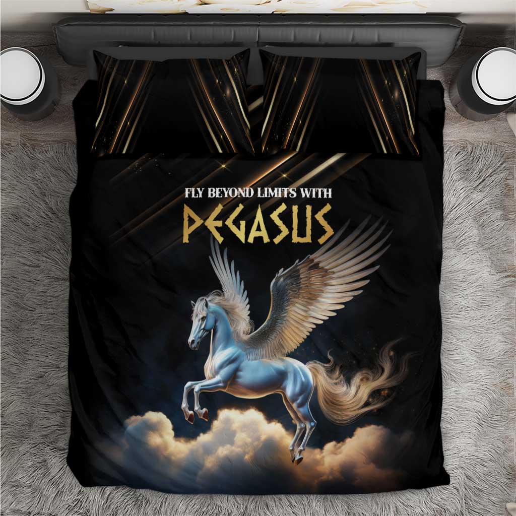 Black duvet cover with Pegasus and winged horse fantasy graphic
