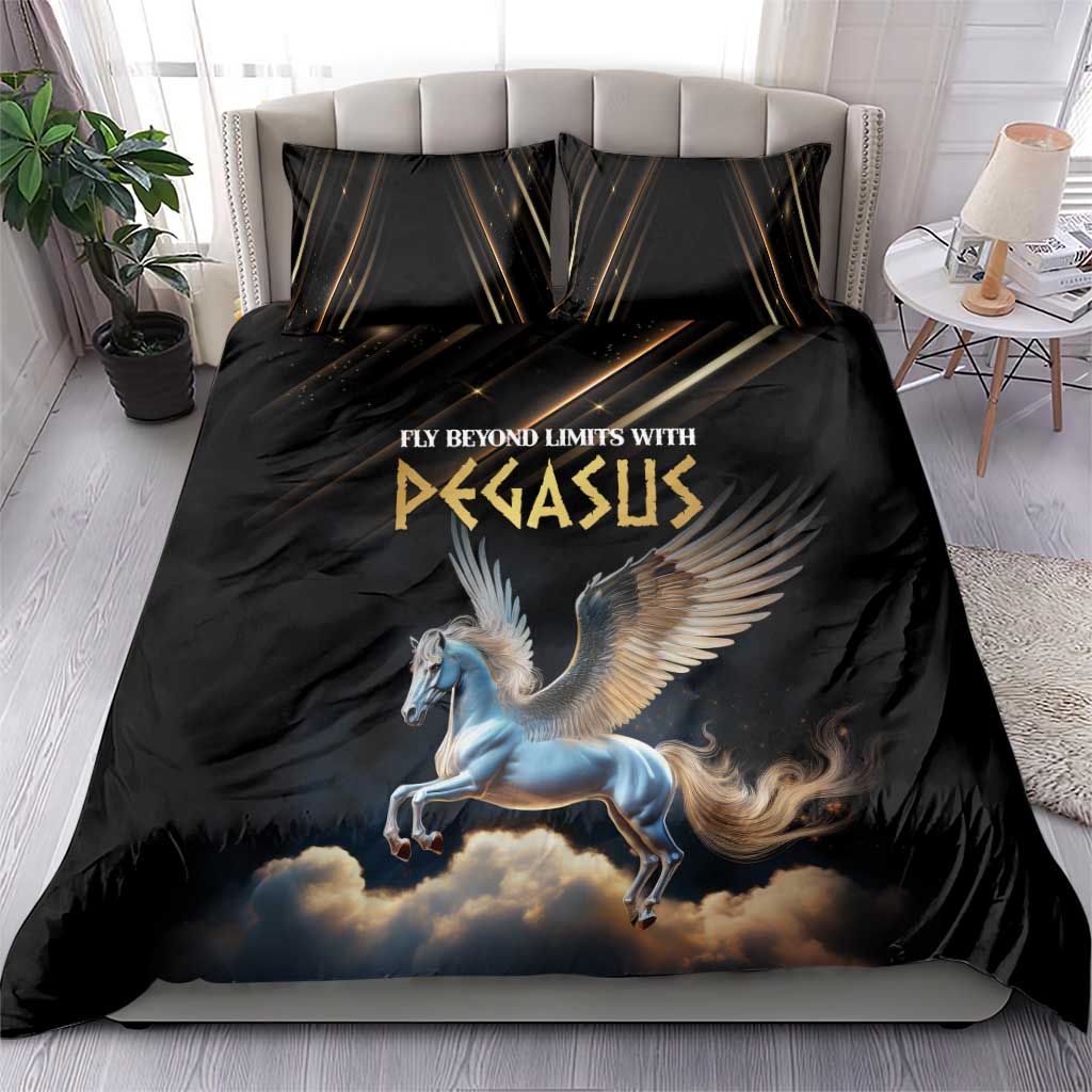 Black bedding duvet set with Pegasus and gold-lined stripes graphic