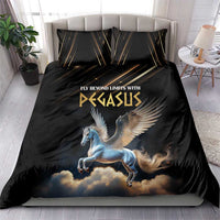 Black bedding duvet set with Pegasus and gold-lined stripes graphic