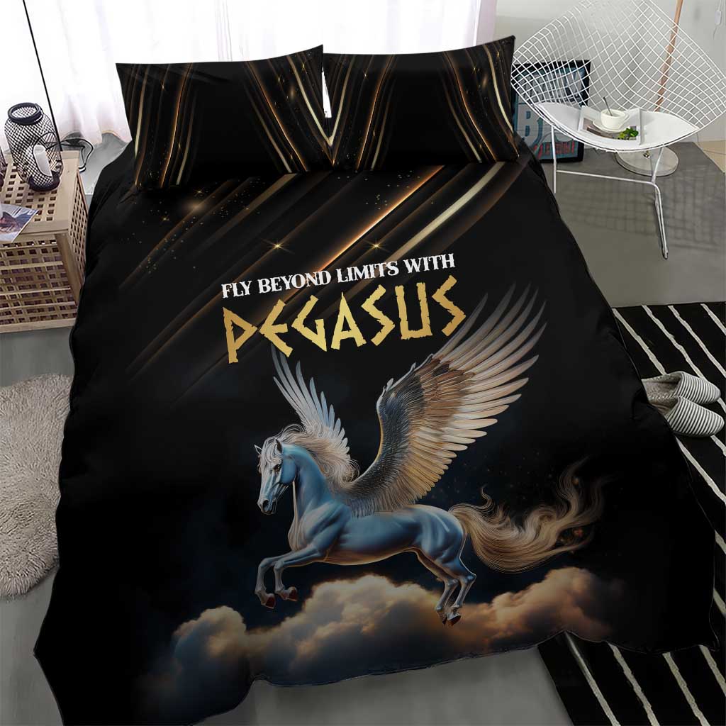 Black duvet cover featuring Pegasus and clouds with gold accent lines