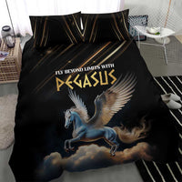 Black duvet cover featuring Pegasus and clouds with gold accent lines