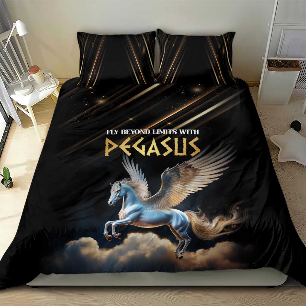 Black duvet cover with Pegasus, wings, and cloud scene fantasy print