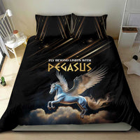 Black duvet cover with Pegasus, wings, and cloud scene fantasy print